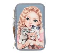 Depesche 13271 TOPModel Cat Love - Borsa a Sacco a 3 Scomparti in Blu Chiaro, con Motivo di Modella e Gatti, Astuccio con matite Colorate, Righello, Forbici e Molto Altro Ancora.