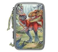Depesche 13277 Dino World Bite - Astuccio a 3 Scomparti in Verde, con Motivo di Dinosauro e Foresta, con matite Colorate, Righello, Forbici e Molto Altro.