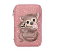 Depesche TOPModel Juicy 13323 - Astuccio con 3 scomparti in colore rosa scuro, con stampa a puntini, Appliques di scimmie e frutta, astuccio con matite colorate, forbici, righello e altro, marrone