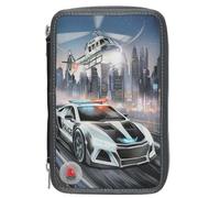 Depesche 13333 Monster Cars - Astuccio imbottito a 3 scomparti in grigio, con effetto LED e motivo polizia, astuccio con matite colorate, forbici, righello e molto altro ancora.