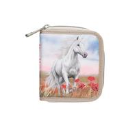 Depesche 13344 Miss Melody Poppy Sand - Portafoglio in Beige e Blu, con Motivo di Cavalli e Papaveri, Portafoglio con Bottone a Pressione