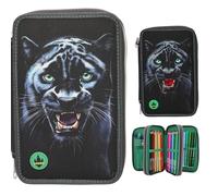 Depesche 13709 Adventure World Panther - Astuccio a 3 Scomparti in Nero, con Motivo Pantera ed Effetti di Luce LED, Astuccio con matite Colorate, Forbici, Righello e Molto Altro.