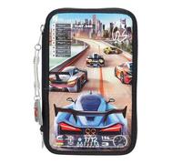 Depesche 13712 Action World Gaming - Astuccio a 3 Scomparti in Blu Scuro, con Motivo di Un Gioco di Corse automobilistiche e Skyline, Astuccio con matite Colorate, Forbici, Righello e Molto Altro.