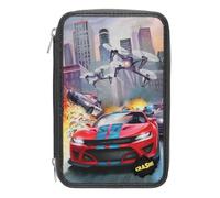 Depesche Action World 13981 - Astuccio Imbottito a 3 Scomparti in Grigio Scuro, con LED, Auto da Corsa, Auto della Polizia e Drone,