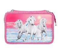 Depesche Miss Melody 10110 - Astuccio Imbottito a 3 Scomparti con Motivo Cavalli, Dimensioni Circa 7,5 x 13 x 20 cm, con pennarelli e pastelli, Righello, Forbici, Colla, ECC.