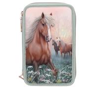 Depesche Miss Melody Romantico Fields Astuccio a 3 scomparti verde con motivo cavallo, fiori e glitter, astuccio con matite colorate, righello, forbici e molto altro ancora, 13403