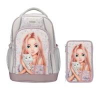 Depesche TOPModel Blooming Kitty - Zaino per la scuola e astuccio a 3 scomparti con motivo gatto e motivo floreale, borsa per la scuola con spalline regolabili, astuccio con matite colorate, forbici