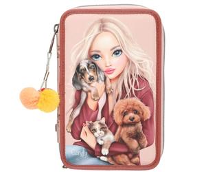 Depesche TOPModel Fur Ever Friends 13673 - Astuccio a 3 Scomparti in Rosa e Rame, con Motivo a Forma di Cane e Gatto, Astuccio con matite Colorate, Forbici, Righello e Molto Altro.