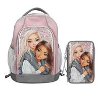 Depesche TOPModel My BFF - Zaino per la scuola e astuccio a 3 scomparti con motivo e brillantini, borsa per la scuola con spalline regolabili, astuccio con matite colorate, forbici, righello UVM.