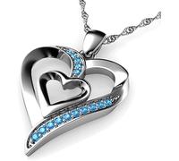 DEPHINI - Collana a forma di cuore in argento Sterling 925 - doppio ciondolo a forma di cuore - cristalli Aqua CZ - collana da donna - catena in argento placcato al rodio - zirconia cubica A+