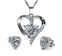 DEPHINI - Parure collana a cuore e orecchini a forma di cuore - argento Sterling 925 - cristalli bianchi e pietra portafortuna - Set di gioielli da donna - zirconia cubica