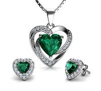 DEPHINI - Parure collana e orecchini a cuore verde - argento Sterling 925 - orecchini con cristallo e pietra portafortuna - Set di gioielli da donna - zirconia cubica