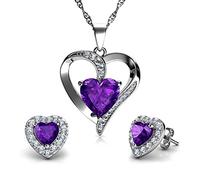 DEPHINI - Parure collana e orecchini a cuore viola - argento Sterling 925 - orecchini con cristallo e pietra portafortuna - Set di gioielli da donna - zirconia cubica