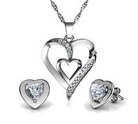 DEPHINI - Parure di collana e orecchini a cuore bianco - argento Sterling 925 - orecchini con cristalli e pietra portafortuna