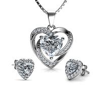DEPHINI - Parure di collana e orecchini a cuore bianco - argento Sterling 925 - orecchini con cristallo e pietra portafortuna - Set di gioielli da donna - zirconia cubica