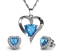 DEPHINI - Set collana a cuore e orecchini a forma di cuore - argento Sterling 925 - Aqua Birthstone - Orecchini e ciondolo di cristallo blu - Set di gioielli da donna - zirconia cubica