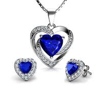 DEPHINI - Set collana e orecchini a cuore blu - argento Sterling 925 - cristallo orecchini e ciondolo portafortuna - set di gioielli da donna - zirconia cubica