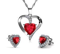 DEPHINI - Set di gioielli rosso - forma di doppio cuore collana e orecchini - con zirconia cubica - collana argento donna 925 - idea regalo per donne e ragazze