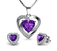 DEPHINI - Set di gioielli viola - forma di doppio cuore collana e orecchini - con zirconia cubica - collana argento donna 925 - idea regalo per donne e ragazze