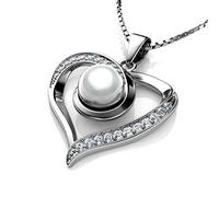 DEPHINI - Vera perla collana di perle Ciondolo con Cubic Zircoina, in argento 925 a forma di cuore collana per donna con rara placcata in rodio
