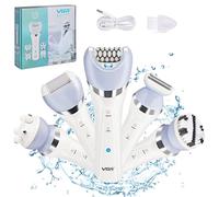 Depilatore Donna, 5 in 1 Wet & Dry Epilatore con 2 Velocità e Luce LED, Cordless Ricaricabile con Testina Radente e Rifinitore e Cappuccio Massaggiante, Tecnologia MicroGrip, Bianco e Blu