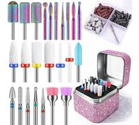 Depvko Set di 25 punte fresa unghie professionale con supporto rosa e 75 fasce abrasive, 3/32'' punte per fresa unghie in carburo diamanti ceramica, punta fresa rimuovi smalto acrilico gel per unghie