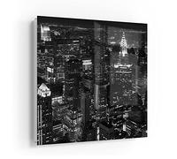 DEQORI Cassetta portachiavi bianca, 30 x 30 cm, motivo Manhattan notturno, in vetro e metallo, con 50 ganci + 2 magneti, design moderno scatola magnetica e scrivibile