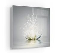 DEQORI Cassetta portachiavi bianco, 30 x 30 cm, motivo fiore di loto, in vetro e metallo, con 50 ganci + 2 magneti, moderna scatola magnetica e scrivibile