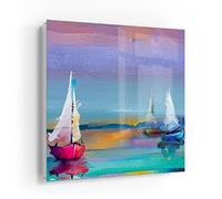 DEQORI Cassetta portachiavi bianco, 30 x 30 cm, motivo tre barche a vela colorate, in vetro e metallo, con 50 ganci + 2 magneti, design moderno e magnetico