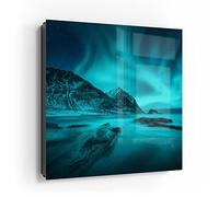 DEQORI Cassetta portachiavi nera, 30 x 30 cm, motivo luci polari in Norvegia, in vetro e metallo, con 50 ganci + 2 magneti, scatola moderna magnetica e scrivibile