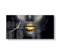 DEQORI Orologio in vetro | verticale 60 x 30 cm | motivo labbra dorate | grande orologio XXL design in vetro | orologio da parete silenzioso per soggiorno e cucina | orologio moderno da parete