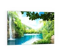 DEQORI Pannello posteriore per cucina in vetro, motivo "cascata nella foresta verde", 60 x 40 cm, pannello posteriore per bagno o stufa, paraspruzzi per cucina e bagno, decorazione moderna per