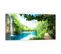 DEQORI Pannello posteriore per cucina in vetro, motivo "cascata nella foresta verde", 80 x 40 cm, pannello posteriore per bagno o stufa, paraspruzzi per cucina e bagno, decorazione moderna per