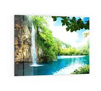 DEQORI Pannello posteriore per cucina in vetro, motivo "cascata nella foresta verde", 80 x 60 cm, pannello posteriore per bagno o stufa, paraspruzzi per cucina e bagno, decorazione moderna per