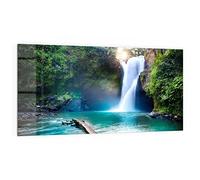 DEQORI Pannello posteriore per cucina in vetro, motivo "cascata Tegenungan | 100 x 50 cm | Pannello posteriore per bagno o stufa | Paraspruzzi per cucina e bagno | Decorazione moderna per specchio piastrellato