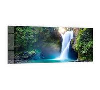 DEQORI Pannello posteriore per cucina in vetro, motivo "cascata Tegenungan | 125 x 50 cm | Pannello posteriore per bagno o stufa | Paraspruzzi per cucina e bagno | Decorazione moderna per specchio