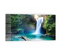DEQORI Pannello posteriore per cucina in vetro, motivo "cascata Tegenungan | 80 x 40 cm | Pannello posteriore per bagno o stufa | Paraspruzzi per cucina e bagno | Decorazione moderna per specchio piastrellato