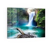 DEQORI Pannello posteriore per cucina in vetro, motivo "cascata Tegenungan | 80 x 60 cm | Pannello posteriore per bagno o stufa | Paraspruzzi per cucina e bagno | Decorazione moderna per specchio