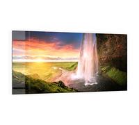 DEQORI Pannello posteriore per cucina in vetro, motivo "Seljalandsfoss cascata", 100 x 50 cm, pannello posteriore per bagno o stufa, paraspruzzi per cucina e bagno, decorazione moderna per specchio