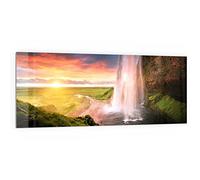 DEQORI Pannello posteriore per cucina in vetro, motivo "Seljalandsfoss cascata", 125 x 50 cm, pannello posteriore per bagno o stufa, paraspruzzi per cucina e bagno, decorazione moderna per specchio