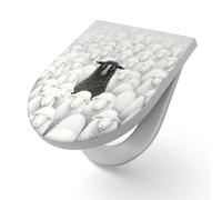 DEQORI Sedile WC con motivo "La pecora nera" | sedile WC in bianco in Duroplast | Formato 36,4 x 45,4 cm - Occhialini antibatterici per WC a forma di D con coperchio, facile da pulire e decorativo