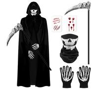 DERAYEE Costume di carnevale per Halloween, costume da falciatore con cappuccio, guanti da falce e ferita, set di adesivi per Halloween, carnevale, cosplay, feste (90 cm S)
