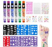 DERAYEE Set di penne per tatuaggi per bambini, 6 colori, con 10 stencil e 400 pietre preziose per ragazze, feste di compleanno, feste, Halloween, carnevale e Natale