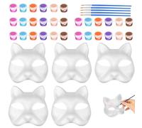 DERJDISF Gatto Maschere per Gatti Bianchi Verniciabili, Maschera Gatto Bianca Therian - Maschera DIY Personalizzabile, Set di 5, Include Pennelli e Colori - Indossa Il Tuo Stile Unico