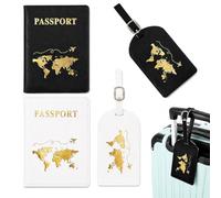 DERJDISF Set 2 Pezzi Copertura Passaporto in PU con Protezione RFID - Elegante e Compatto, Include 2X Organizer per Passaporto e 2X Luggage Tag, Nero e Bianco