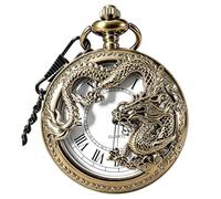 DerMacht Orologio da taschino con dragone cavo, numeri romani, scala al quarzo, analogico, antico, bronzo, bianco