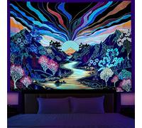 Dermijer Arazzo da parete con paesaggio retrò reattivo ai raggi UV con luce nera, foresta, montagna, alberi, arte da parete, decorazione per la casa, 150 x 130 cm (lunghezza x larghezza)