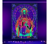 Dermijer Blacklight Skull Art Tapestry - Arazzo reattivo ai raggi UV con scheletro di fiori di Santa Muerte fasi lunari per camera - 78,7 x 59,1 cm