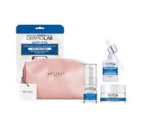 DERMOLAB Kit Anti Età : Maschera rimpolpante viso e collo - Gel contorno occhi - Crema rimpolpante - Siero booster + Pochette