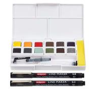 Derwent Line and Wash Verfdoos, Set met 12 Verfnapjes, Bevat 2 x Lijnmarkers, 5